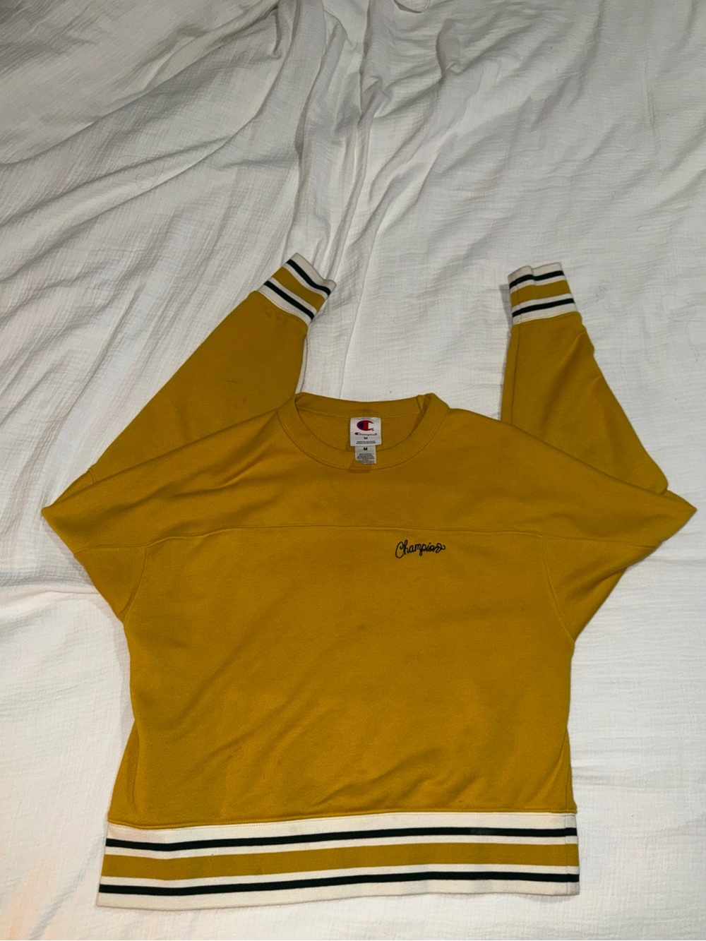 Champion Mustard Yellow Crewneck Sweatshirt with Striped Trim